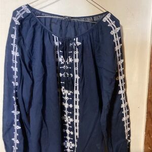 Women’s Lucky Brand Sheer Cotton Embroidered Top Navy with White. Size 1X